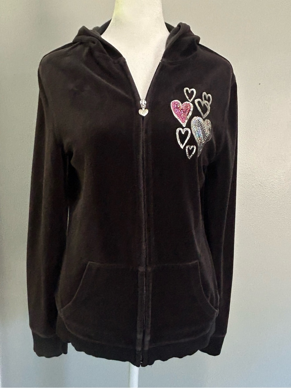 Justice Black Velour Hoodie with Sequin Heart Detail Y2K Sz 18